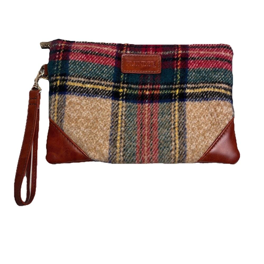 Plunder Wristlet Wallet Faux Brown Leather Tartan Plaid 6x9 Small Bag Zip Clutch